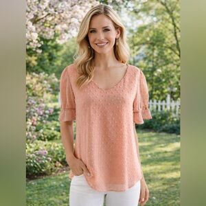 🌸 Lightweight Peach Swiss Dot Blouse Puff Sleeve Spring & Summer